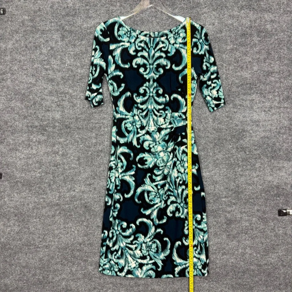 Connected Apparel‎ Sheath Dress Womens 4 Teal Navy Damask Ruched Elbow Sleeve